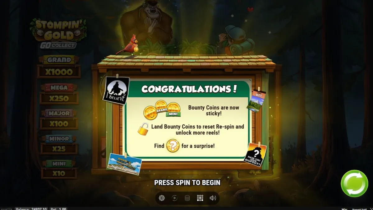 Tampilan visual slot Stompin’ Gold GO Collect dengan karakter yeti dan latar belakang hutan.