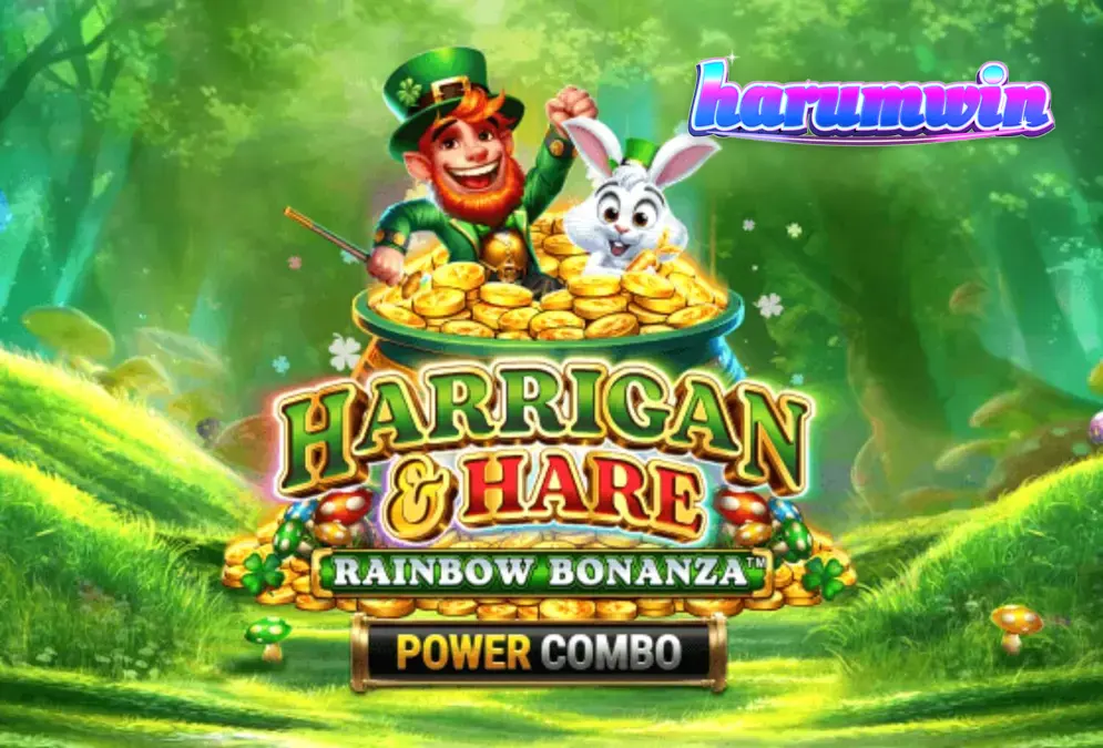 Tampilan visual slot Harrigan & Hare Rainbow Bonanza Power Combo dengan latar belakang perbukitan Irlandia